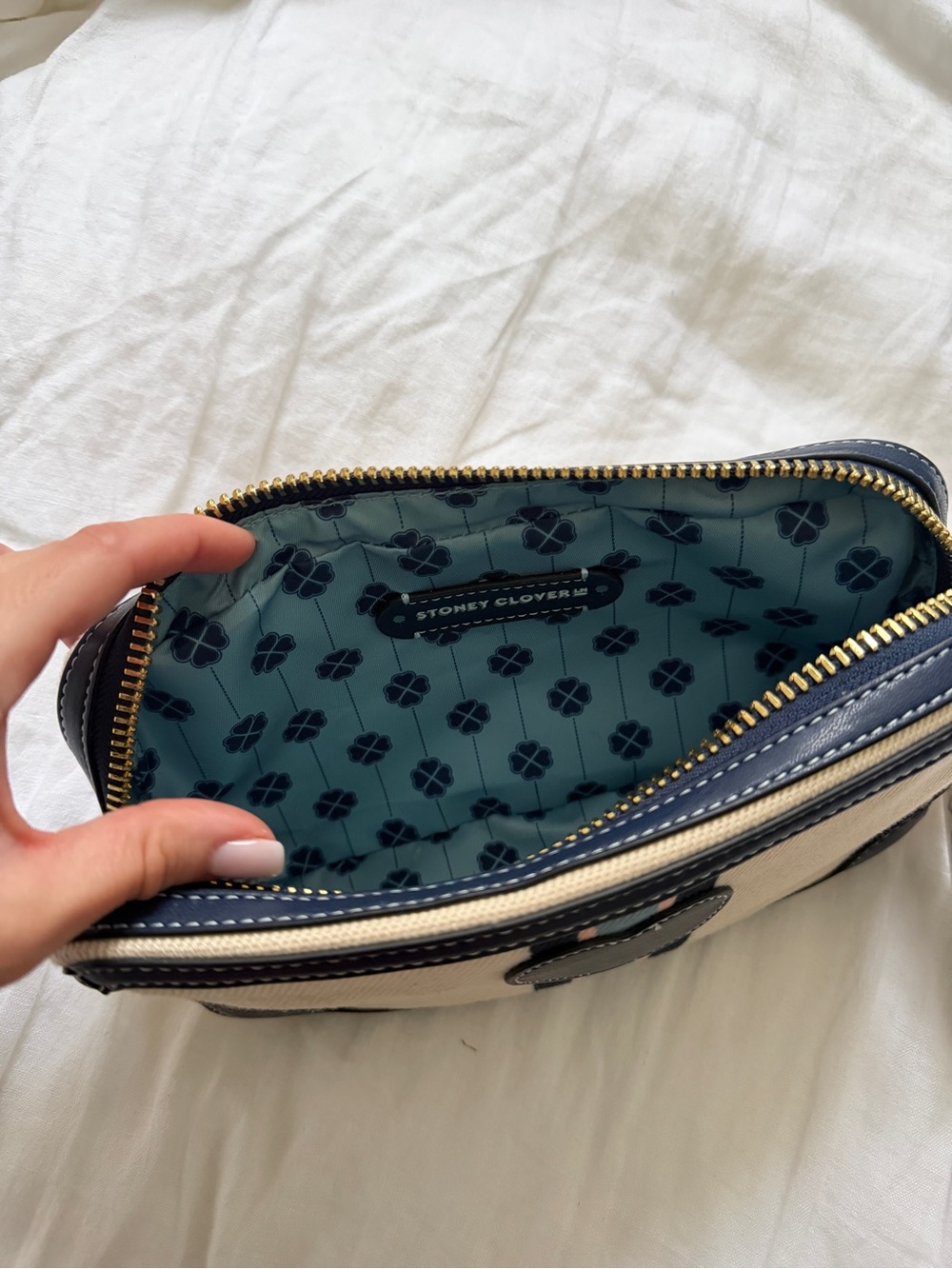 Stoney Clover Lane Beige Canvas Cosmetic Case with Navy Trim and Mint Stripe - Picture 2 of 4